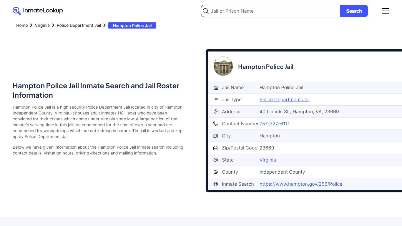 Hampton Police Jail Inmate Search and Jail Roster Information